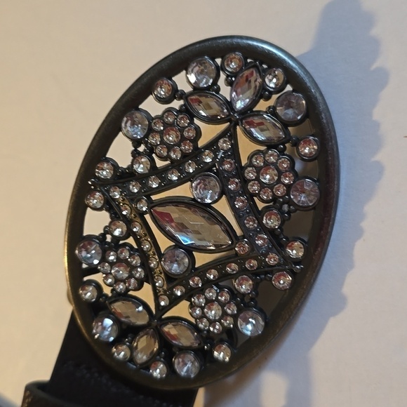 Womens Brown Leather Belt Silver bling rhinestone Buckle Sz.S/M main image 8